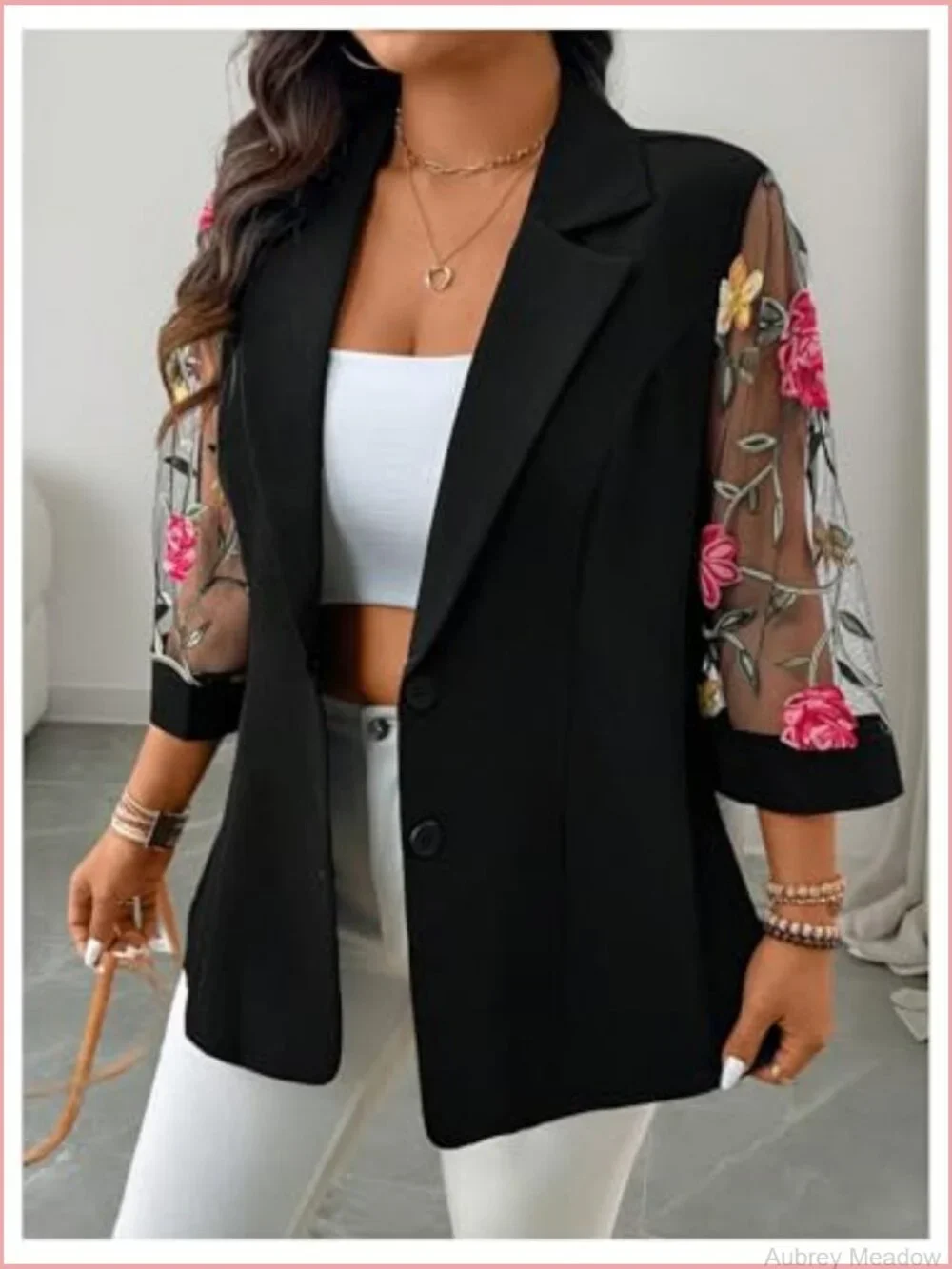 Plus Size Floral Embroidered Mesh Button Down Blazer 3/4 Sleeve